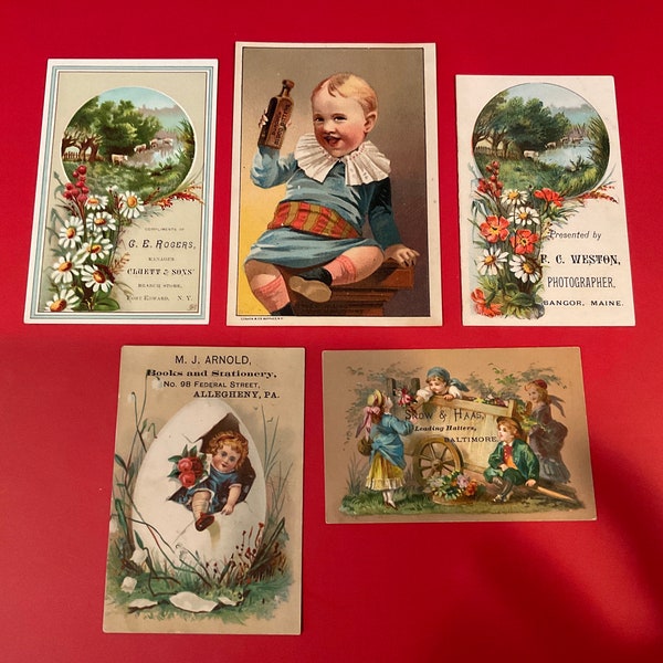 Victorian Trade Cards, 5 project cards, Cluett Piano, Burdock Bitters, Retail Shops