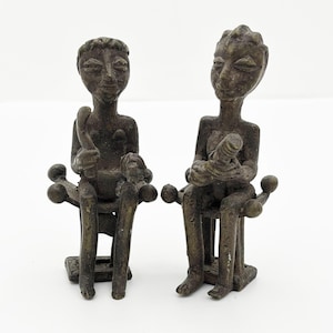 Rare Set of Two Vintage Bronze Seated African Man and Woman Mini Statues, Highly Collectible, 3&quot; Tall x 1.375&quot; Wide, 1960s