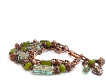 Copper Multi-Strand Green Jade & Aqua Bracelet - Boho Chain Bracelet - Picasso Glass - Gemstone Bracelet