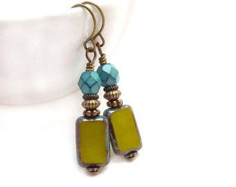 Green Glass Earrings - Turquoise Aqua Avocado - Picasso Czech Glass - Petite Drop Earrings - Yoga Jewelry