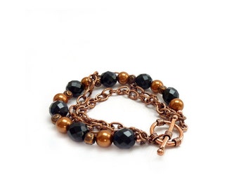 Multistrand Copper and Black Bracelet - Czech Beads - Chain Bracelet - Swarovski Pearls - Handmade Bracelet