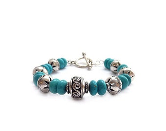 Turquoise Bracelet - Detailed Bali Style Silver - Toggle Clasp - Bohemian Bracelet - Southwestern Jewelry