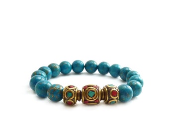 Tibet Beaded Stacking Bracelet - Turquoise & Gold Pyrite Beads - Nepal Coral Turquoise Stones - Elastic Boho Bracelet