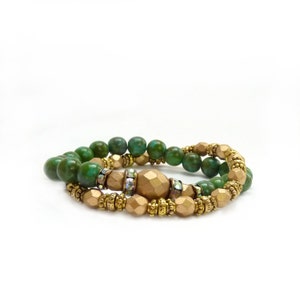 Turquoise Gold Bohemian Layering Bracelets - Czech Glass Matte Metallic Beads - Stretch Bracelet Stacks - Boho Gift for Her