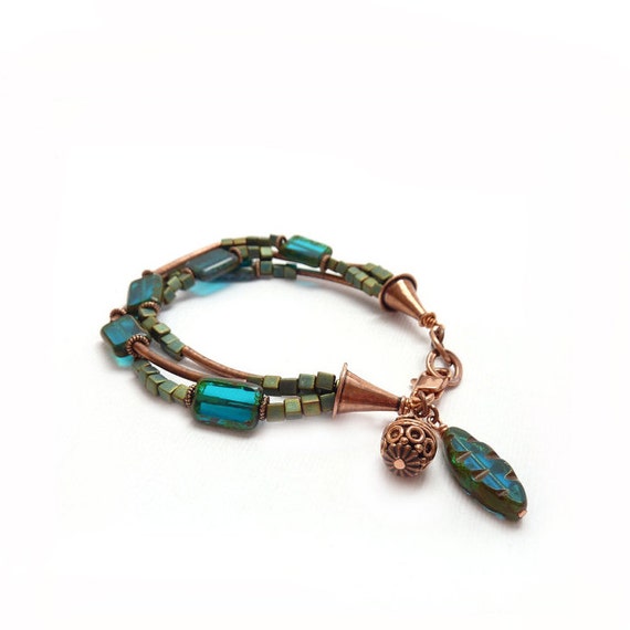 Items similar to Blue Boho Bracelet - Multistrand - Teal Picasso Glass ...