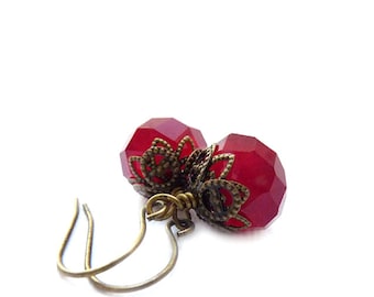 Red Earrings - Vintage Style Bronze Earrings - Ruby Red Short Dangles - RockStoneTreasures - Holiday Jewelry