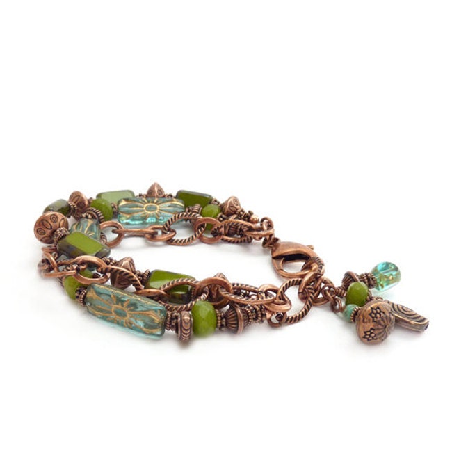 Copper Multi-Strand Green Jade & Aqua Bracelet Boho Chain | Etsy