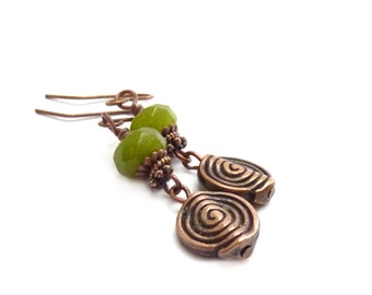 Olive Green Jade Dangle Earrings - Etched Copper Gemstone Earrings - Funky Bohemian Earrings - Greenery