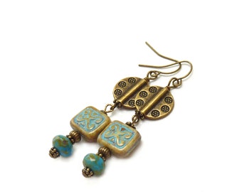 Blue Bohemian Dangle Earrings - Picasso Czech Glass Beads - Bronze Beads - Southwestern Style - Aztec - Boho Jewelry
