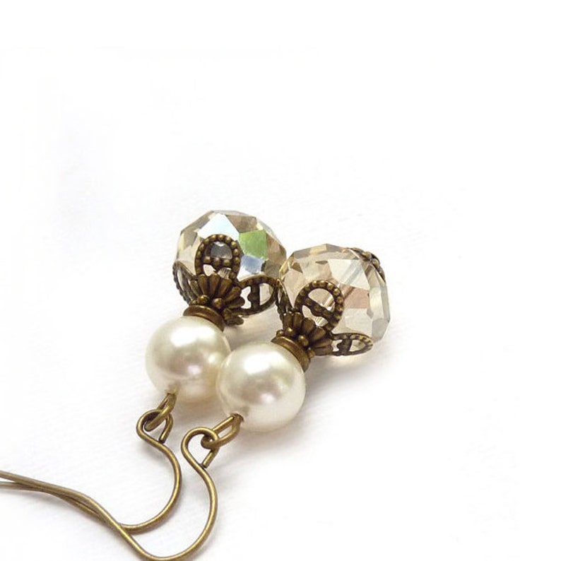 Classic Pearl Bridal Earrings Champagne Crystal Creme Swarovski Pearls Vintage Inspired Bridesmaid Earrings Free Shipping image 3