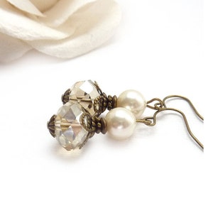 Classic Pearl Bridal Earrings Champagne Crystal Creme Swarovski Pearls Vintage Inspired Bridesmaid Earrings Free Shipping image 1