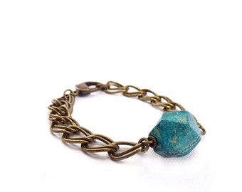 Geometric Turquoise Chain Bracelet - Jasper Stone Nugget - Stacking Layering Bracelet - Chunky Bronze Chain - Bohemian Bracelet