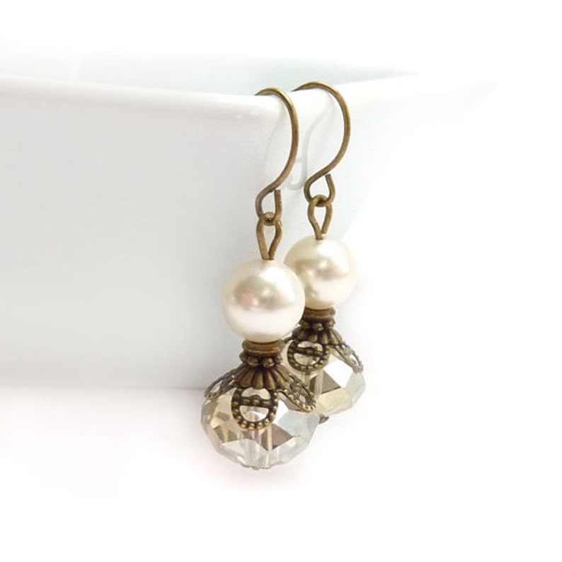 Classic Pearl Bridal Earrings Champagne Crystal Creme Swarovski Pearls Vintage Inspired Bridesmaid Earrings Free Shipping image 4