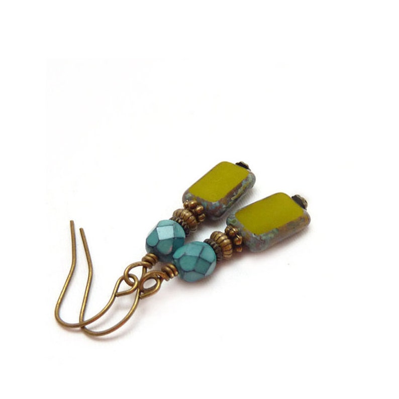 Green Glass Earrings Turquoise Aqua Avocado Picasso Czech Glass Petite Drop Earrings Yoga Jewelry image 3