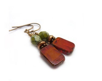 Red Beaded Earrings - Oxblood Red - Green - Petite Dangles - Picasso Rectangle Glass - Yoga Jewelry