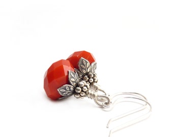 Orange Red Earrings - Antiqued Silver Vintage Inspired - Short Petite Colorful Dangles - RockStoneTreasures