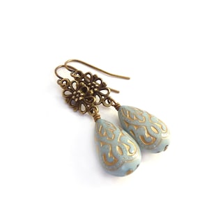 Pale Blue Teardrop Earrings - Acrylic Beads with Gold Inlay - Vintage Style Light Blue Victorian Earrings - Gift for Her