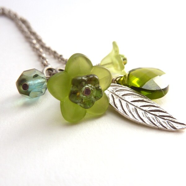 Silver Leaf Charm Necklace, Swarovski Crystal Briolette, Olivine Green, Hill Tribe Silver Leaf, Lucite Flowers, Delicate Necklace