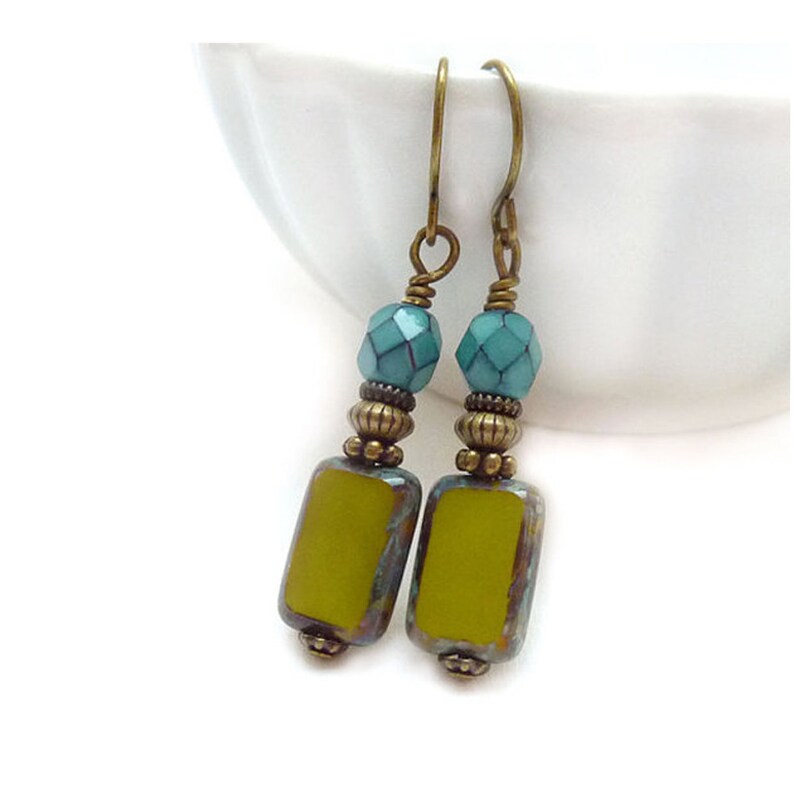 Green Glass Earrings Turquoise Aqua Avocado Picasso Czech Glass Petite Drop Earrings Yoga Jewelry image 5