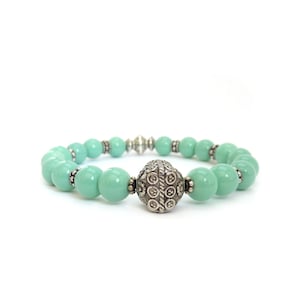 Mint Green Stack Bracelet - Silver Tibetan Focal Bead - Pastel Colors - Bohemian Stretch Bracelet
