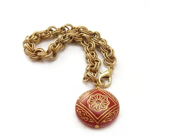 Chunky Gold Chain Bracelet - Red & Gold Round Charm - Layering Stacking Bracelet - Handmade Bohemian Jewelry - Free Shipping