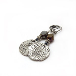 Long Silver Dangle Earrings - Bhutan Replica Ancient Coins - Jet Black Fire Polished Beads - Long Boho Hippie Earrings