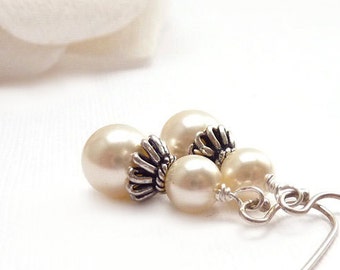 Pearl Bridal Earrings - Antiqued Sterling Silver - Swarovski Ivory Pearls - Wedding Party - Bridesmaids Jewelry - Free Shipping