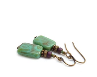 Turquoise Earrings - Picasso Glass Rectangle Beads - Boho Drop Earrings - Yoga Earrings - Free Shipping