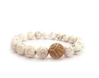 White Stone Bracelet - Carved Jade - Howlite Stones - Stacking Bracelet - Yoga Jewelry - Neutral Colors