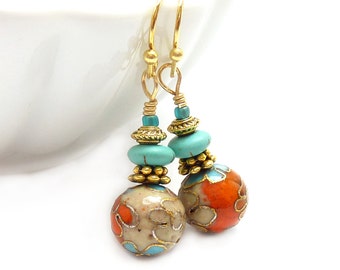 Cloisonne Earrings - Orange & Aqua - Turquoise Howlite - Antiqued Gold - Short Petite Earrings - Yoga Jewelry