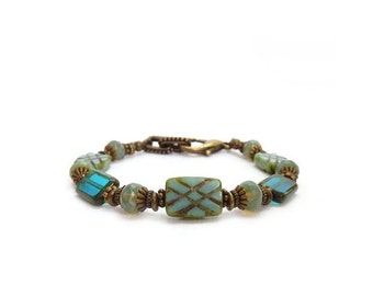 Aqua & Opal Boho Bracelet - Engraved Picasso Glass Beads - Teal Blue - Bohemian Jewelry - Layering Bracelet