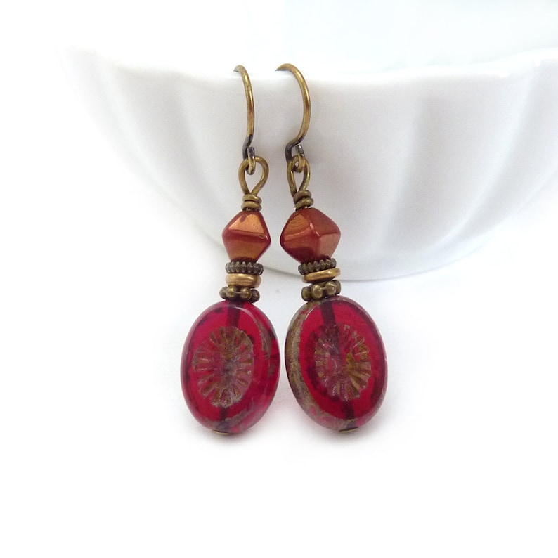 Red Earrings Picasso Fire-Polished Czech Glass Ovals Vintage Inspired Dangle Earrings Boho Jewelry image 2