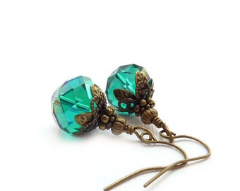 Teal Blue Earrings -  Vintage Style Drop Earrings - Retro Antiqued Bronze Details - Victorian Earrings