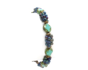 Boho Seed Bead Bracelet - Turquoise Periwinkle Pressed Glass - Bohemian Layering Stacking Bracelet - Free Shipping