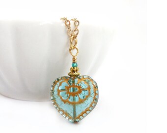 Romantic Heart Pendant - Aquamarine Czech Glass - Victorian Style Necklace - Gift for Her