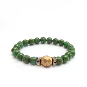 Turquoise & Gold Layering Bracelet - Czech Glass - Matte Metallic - Rhinestone Details - Boho Stack Bracelet - Free Shipping