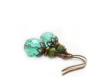 Turquoise Earrings - Fire Polished Glass - Bronze Vintage Inspired Drop Earrings - Bohemian Earrings