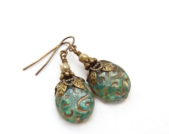 Moss Green Earrings - Etched Picasso Glass Ovals - Aqua - Antique Bronze - Dangle Earrings - Retro Vintage Inspired