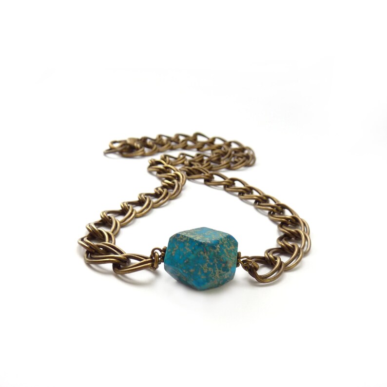 Turquoise Necklace Geometric Aqua Terra Jasper Nugget Stacking Layering Bracelet Chunky Bronze Chain Bohemian Jewelry image 3