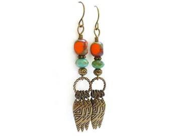 Orange Turquoise Earrings - Picasso Glass - Etched Bronze Teardrops - Long Chandelier Dangle Earrings - Bohemian Earrings