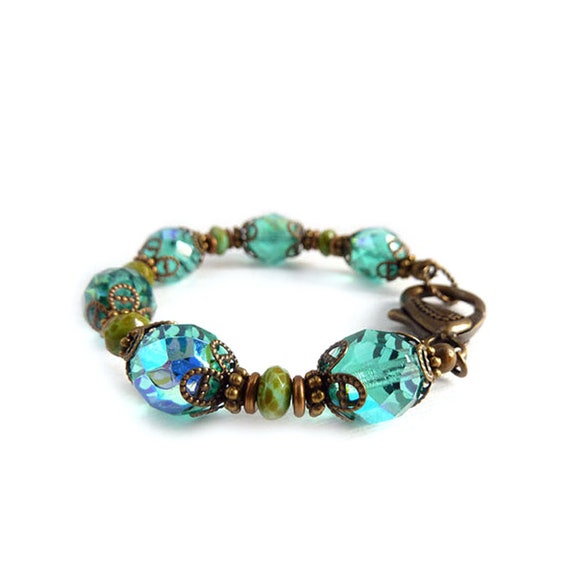 Turquoise Beaded Bracelet Czech Fire Polished Beads Retro | Etsy