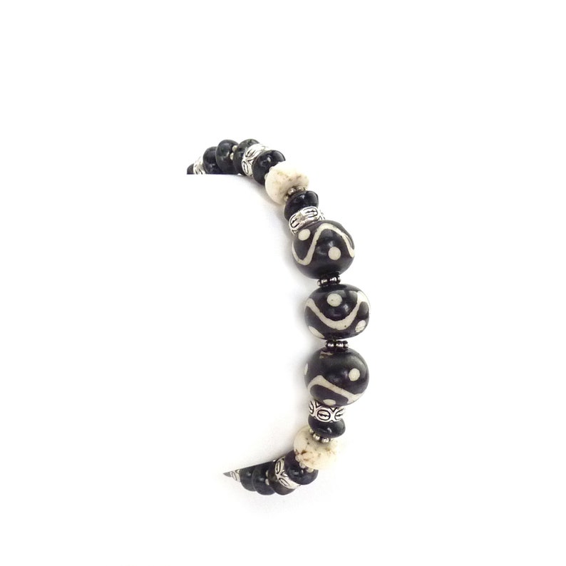 Black & White African Tribal Bracelet Batik Wood Beads White Howlite Picasso Czech Glass Bohemian Bracelet image 4