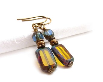 Topaz Brown Earrings - Picasso Rectangle Glass - Midnight Blue Beads - Yoga Earrings - Petite Short Dangles - Mustard Yellow