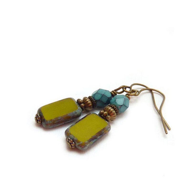 Green Glass Earrings Turquoise Aqua Avocado Picasso Czech Glass Petite Drop Earrings Yoga Jewelry image 2