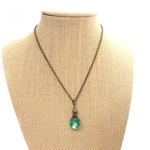 Aqua Necklace - Faceted Czech Glass Pendant - Turquoise - Antiqued Bronze Chain - Wire Wrapped - Delicate Necklace