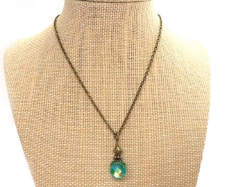 Aqua Necklace - Faceted Czech Glass Pendant - Turquoise - Antiqued Bronze Chain - Wire Wrapped - Delicate Necklace