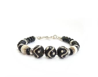 Black & White African Tribal Bracelet - Batik Wood Beads - White Howlite - Picasso Czech Glass - Bohemian Bracelet