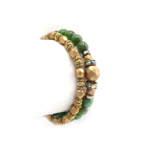 Turquoise Gold Bohemian Layering Bracelets Czech Glass Matte Metallic Beads Stretch Bracelet Stacks Boho Gift for Her image 2
