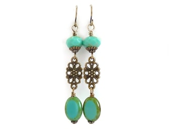 Turquoise Earrings - Picasso Czech Glass Beads - Bronze Filigree - Long Boho Dangles