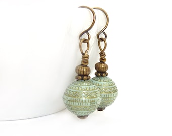 Mint Green Earrings - Vintage Style Acrylic Beads - Gold Floral Details - Petite Short Earrings - Yoga Earrings